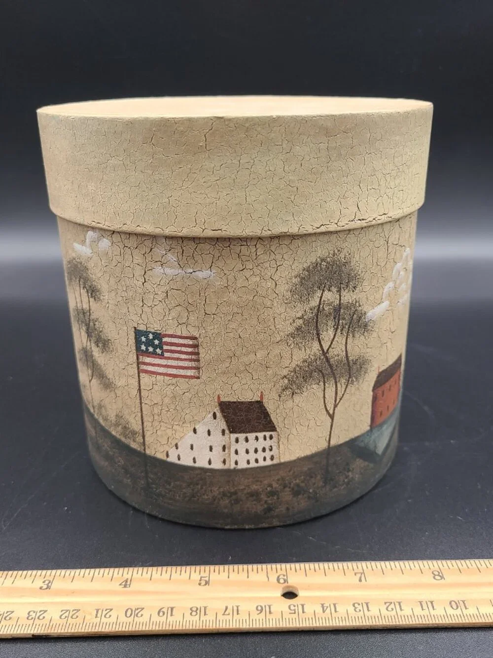 Crazy Mountain Canister School House American flag with tag 5.75